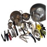 Two Large Stainless Steel Mixing Bowls with Utensils - Silver Kitchenware