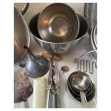 Two Large Stainless Steel Mixing Bowls with Utensils - Silver Kitchenware