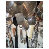 Two Large Stainless Steel Mixing Bowls with Utensils - Silver Kitchenware