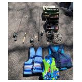 G - Fishing Poles with Reels, Lures, Tackle Boxes, Life Vests & Rope