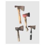 G - Vintage Axes Set - 4 Hand Axes & Hatchet, Largest Handle 14 Inches