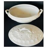DR - John Maddock & Co Covered Tureen - White, 12in Dia, Leaf-Embossed