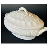 DR - John Maddock & Co Covered Tureen - White, 12in Dia, Leaf-Embossed