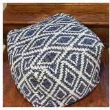 LL - Square Pillow Ottoman - Navy & Ivory Geometric Ikat Upholstered Pouf