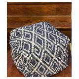 LL - Square Pillow Ottoman - Navy & Ivory Geometric Ikat Upholstered Pouf
