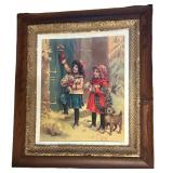 LL - Vintage Framed Christmas Print - Children with Gifts & Dog