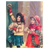 LL - Vintage Framed Christmas Print - Children with Gifts & Dog