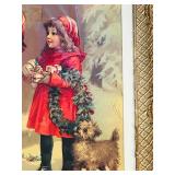 LL - Vintage Framed Christmas Print - Children with Gifts & Dog