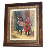 LL - Vintage Framed Christmas Print - Children with Gifts & Dog