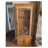 Bird-Engraved Oak Glass-Front Display Gun Cabinet 74 in H x 29.5 in W x 14 in D