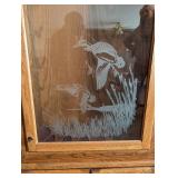 Bird-Engraved Oak Glass-Front Display Gun Cabinet 74 in H x 29.5 in W x 14 in D