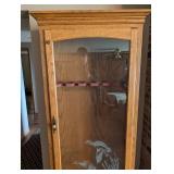 Bird-Engraved Oak Glass-Front Display Gun Cabinet 74 in H x 29.5 in W x 14 in D