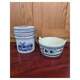 Vintage Delft-Style Windmill Canister and Pfaltzgraff Villa Flora Handled Bowl