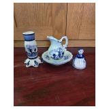 Delft Blue Mini Porcelain Bell Dutch Lady, Pitcher and Basin Set, Delft Blue Bud Vase
