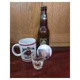 Jim Beam Mug, Willy Nelson Button, Nude Beer Bottle