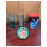 2 Coke Glasses,  Tin and Coke Tiny Plate
