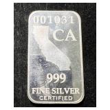 1 TROY OZ .999 FINE SILVER CALIFORNIA BAR