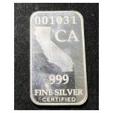 1 TROY OZ .999 FINE SILVER CALIFORNIA BAR