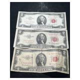 3 US RED SEAL $2 BILLS