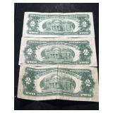 3 US RED SEAL $2 BILLS