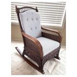 P - Rattan Rocking Chair with Blue and White Striped Cushions