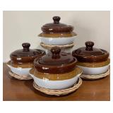 LL - Four Vintage Gailstyn Ceramic Crocks With Lids - Taiwan, Brown & White Glaze