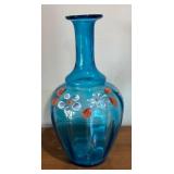 LL - Vintage Blue Hand-Painted Glass Vase with Floral Daisy Motif