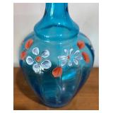 LL - Vintage Blue Hand-Painted Glass Vase with Floral Daisy Motif