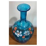 LL - Vintage Blue Hand-Painted Glass Vase with Floral Daisy Motif