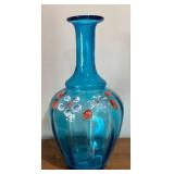 LL - Vintage Blue Hand-Painted Glass Vase with Floral Daisy Motif