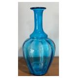 LL - Vintage Blue Hand-Painted Glass Vase with Floral Daisy Motif