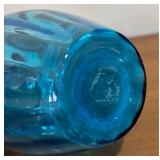 LL - Vintage Blue Hand-Painted Glass Vase with Floral Daisy Motif