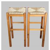 K - Pair of Bar-Height Wooden Stools with Woven Seats