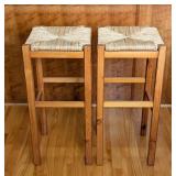 K - Pair of Bar-Height Wooden Stools with Woven Seats