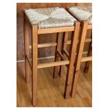 K - Pair of Bar-Height Wooden Stools with Woven Seats