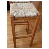 K - Pair of Bar-Height Wooden Stools with Woven Seats