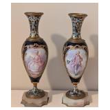 LL - Pair of Vintage Vases - Sevres-Style Pair, Champlevé Enamel