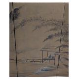 LL - Large 4-Panel Asian Byobu Wall Screen 71 x 36 in Gold Leaf Landscape Scene