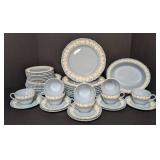 LL - Vintage Wedgwood Embossed Queensware Dinnerware Set for Eight - Gray with Ivory Floral Border