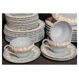 LL - Vintage Wedgwood Embossed Queensware Dinnerware Set for Eight - Gray with Ivory Floral Border