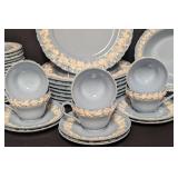 LL - Vintage Wedgwood Embossed Queensware Dinnerware Set for Eight - Gray with Ivory Floral Border