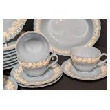 LL - Vintage Wedgwood Embossed Queensware Dinnerware Set for Eight - Gray with Ivory Floral Border