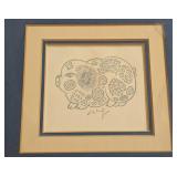 LL - Pig Print Framed Artwork - Blue Mat, Signed