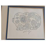 LL - Pig Print Framed Artwork - Blue Mat, Signed