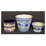 LL - Ceramic Planters - Blue/White Floral, Purple Textured & Hexagonal Pattern (3-Piece Set)
