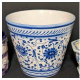 LL - Ceramic Planters - Blue/White Floral, Purple Textured & Hexagonal Pattern (3-Piece Set)