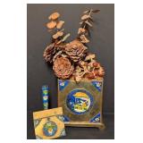 LL - Chinese Cloisonné Brass Decor: Enamel Vase on Pedestal with Floral Motifs & 2 Matching Box Panels