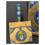 LL - Chinese Cloisonné Brass Decor: Enamel Vase on Pedestal with Floral Motifs & 2 Matching Box Panels