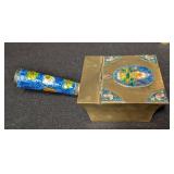 LL - Chinese Cloisonné Brass Decor: Enamel Vase on Pedestal with Floral Motifs & 2 Matching Box Panels