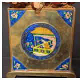 LL - Chinese Cloisonné Brass Decor: Enamel Vase on Pedestal with Floral Motifs & 2 Matching Box Panels
